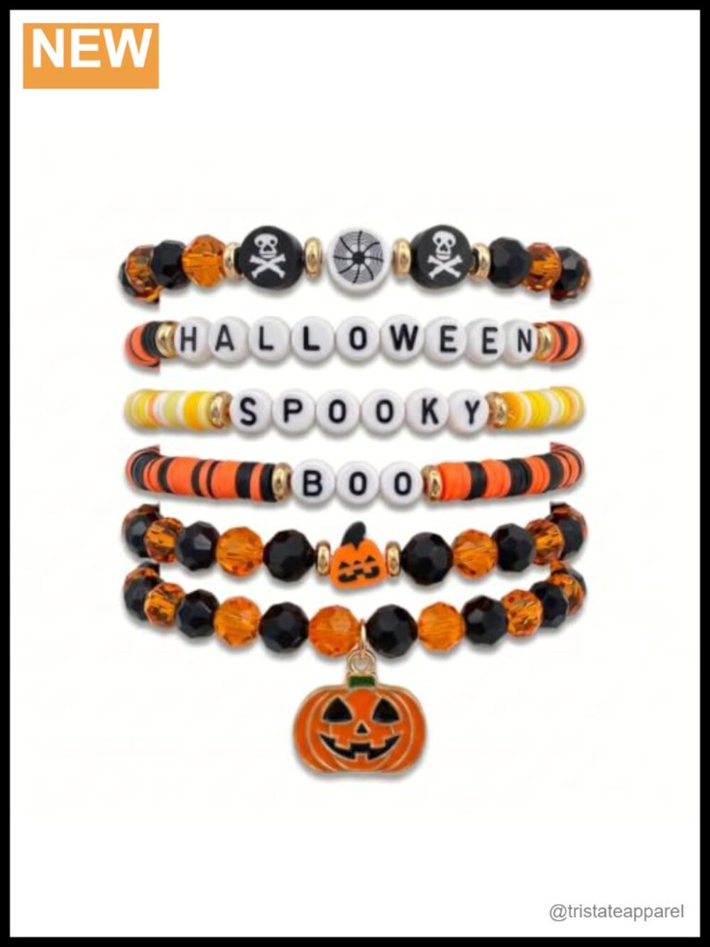 6pc Halloween Beaded Stretch Bracelet Set Pumpkin Skull Women